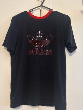 adidas Black Tee with Red Trim and Trefoil Outline